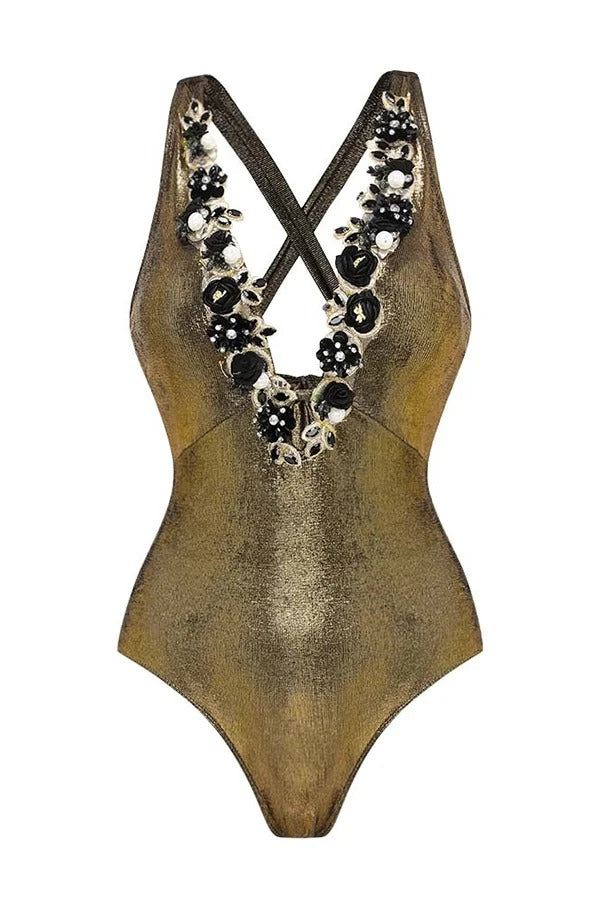 Solid Color Shiny Fabric Deep V Metal Embellished Stretch One-piece Swimsuit - Fashionpara