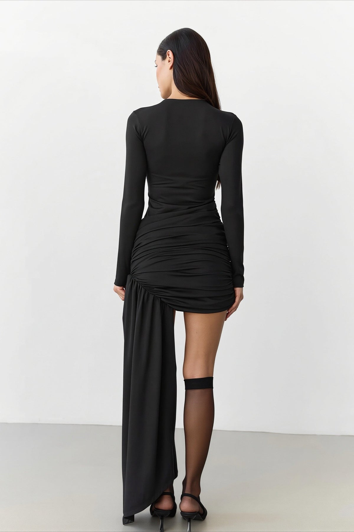 High-Neck Long-Sleeve Ruched Asymmetric Midi Dress