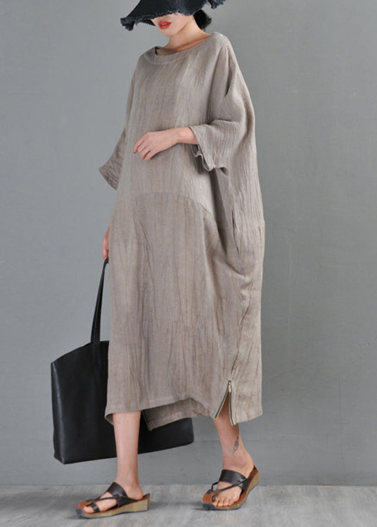 Textured Round Neck Three-Quarter Sleeve Side Zip Hem Midi Dress