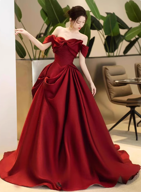 Elegant Burgundy A-Line Off-the-Shoulder Bow-Embellished Satin Long Prom Dress Evening Dress P4366