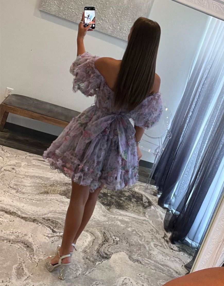 Cute A-Line Off The Shoulder Short Tulle Print Homecoming Dress - Fashionpara