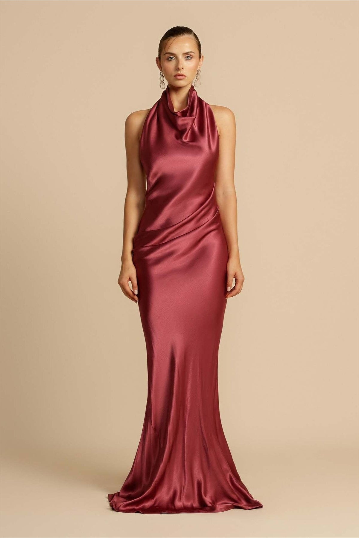 Satin Cowl Neck Halter Backless Mermaid Gown