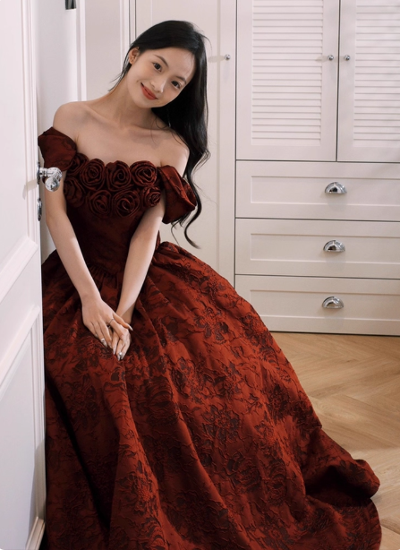 Vintage Rose Burgundy Off-the-Shoulder Jacquard Satin Long Prom Dress Evening Dress P4368