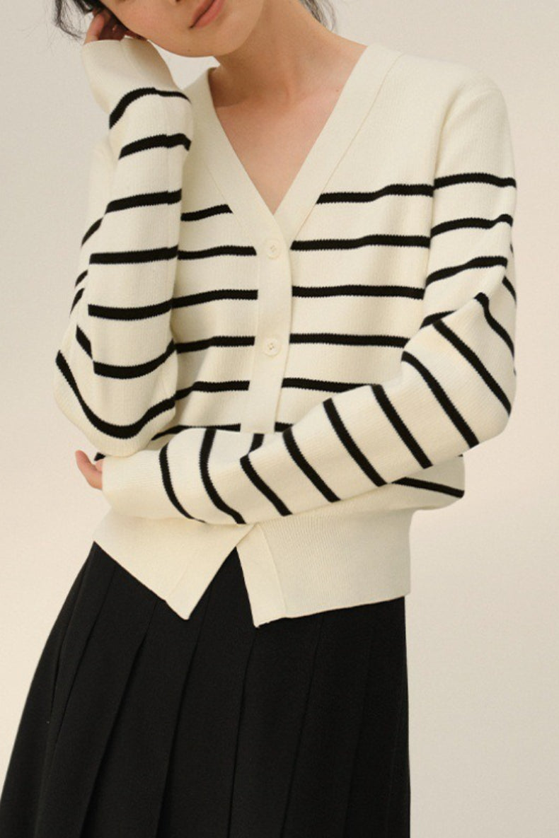 V Neck Stripe Knit Cardigan