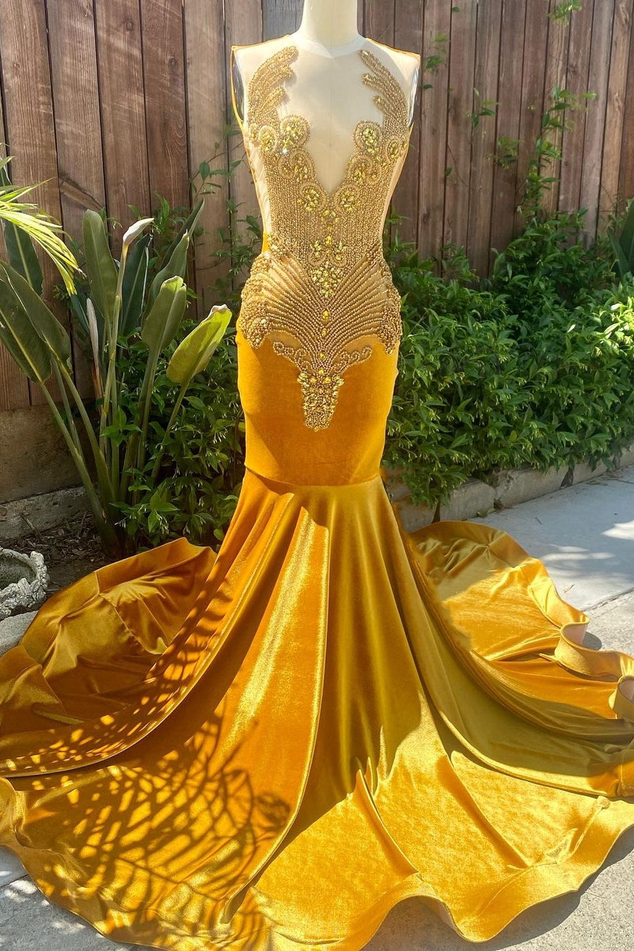 Gorgeous V-neck Gold Velvet Sleeveless Mermaid Long Court Train Prom Party Dresses - Fashionpara