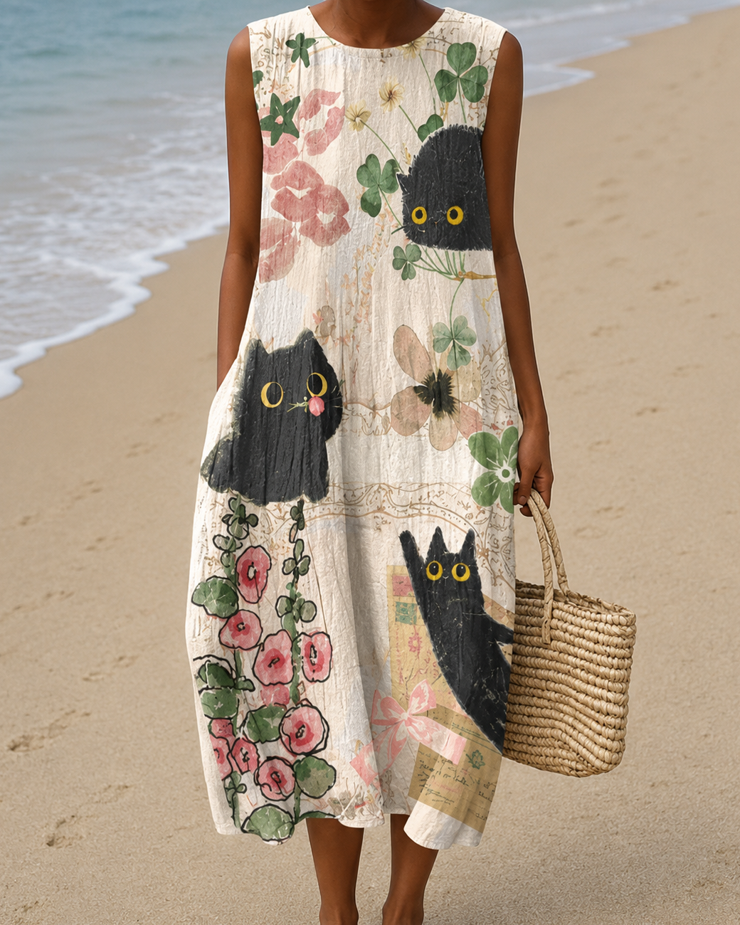 Cat Floral Print Sleeveless Round Neck Midi Dress