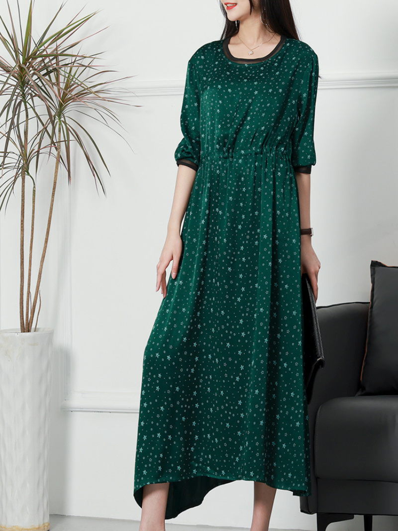 Star Print Round Neck Long-Sleeve Drawstring Waist Maxi Dress 5