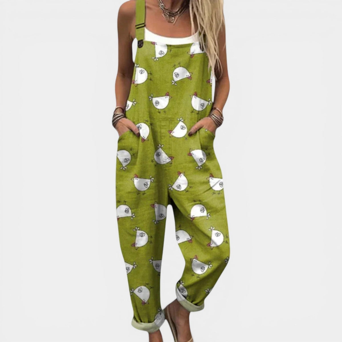 Chicken Print Square Neck Pocket Overall Jumpsuit
