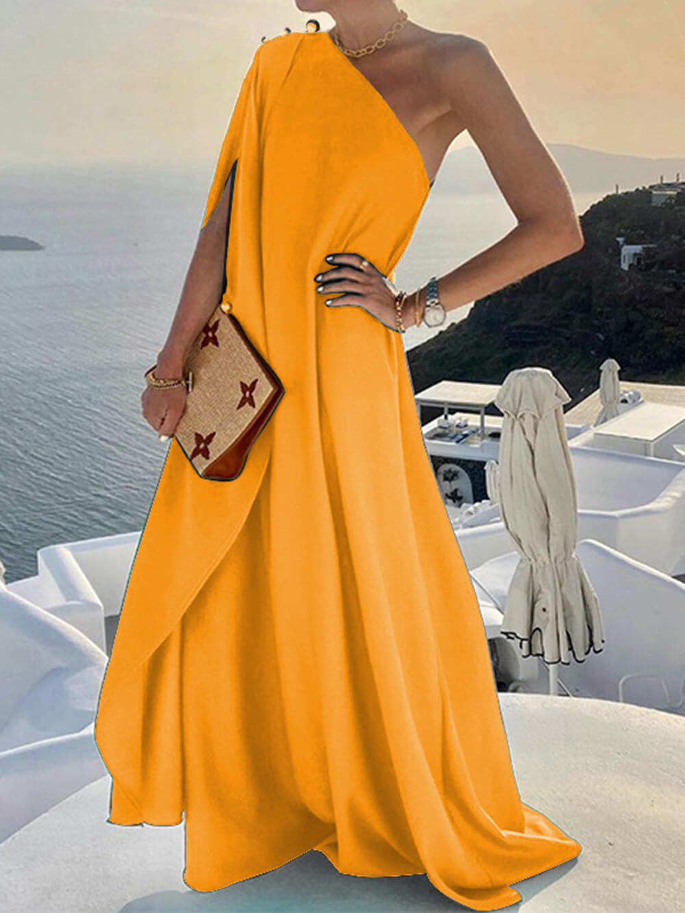 Solid Color Loose One Shoulder Maxi Dress - Fashionpara