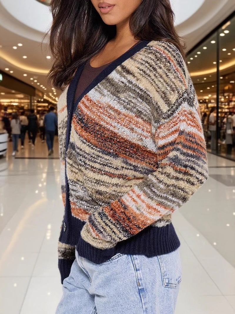 Color-Block Striped V-Neck Retro Knit Sweater for Style