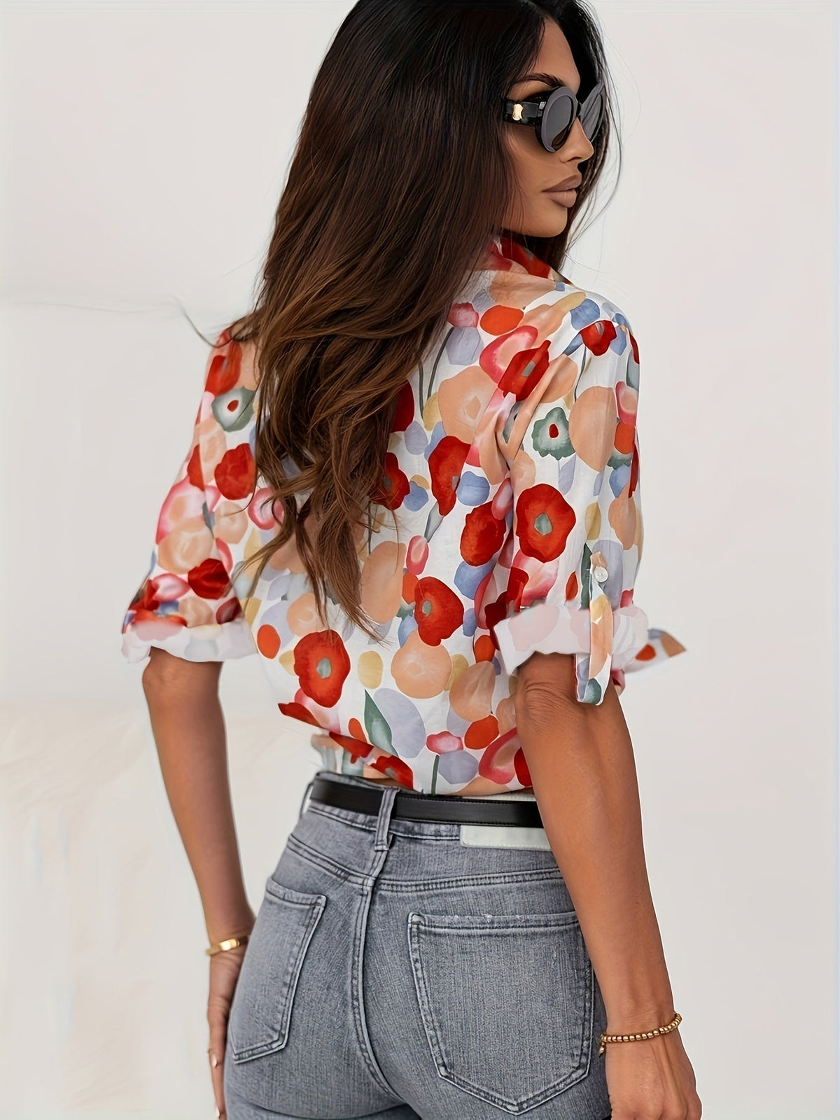 Floral Button Front Long Sleeve Collared Blouse 3