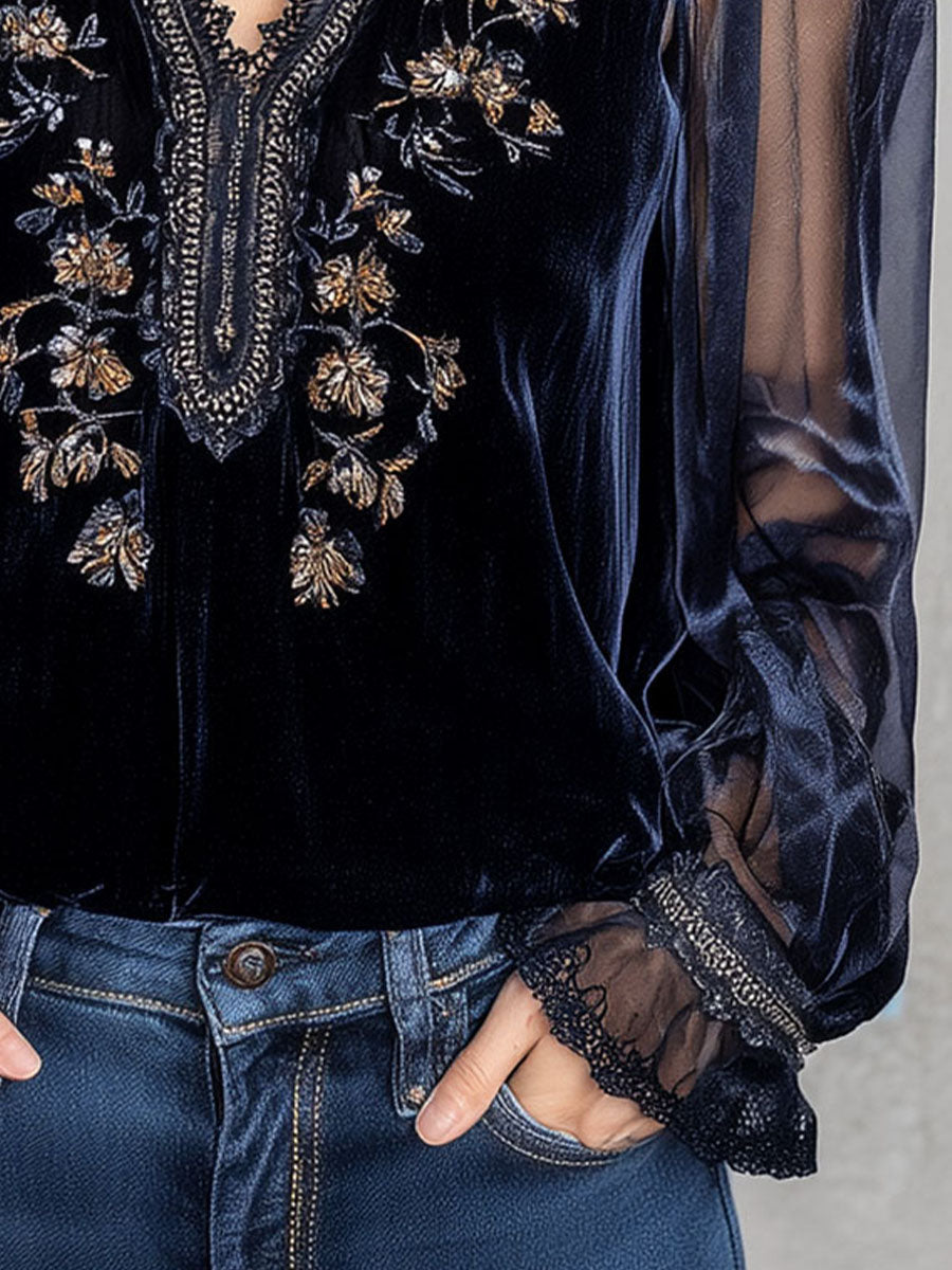 Embroidered Floral Navy Velvet Blouse With Shinning Sheer Sleeves - Fashionpara