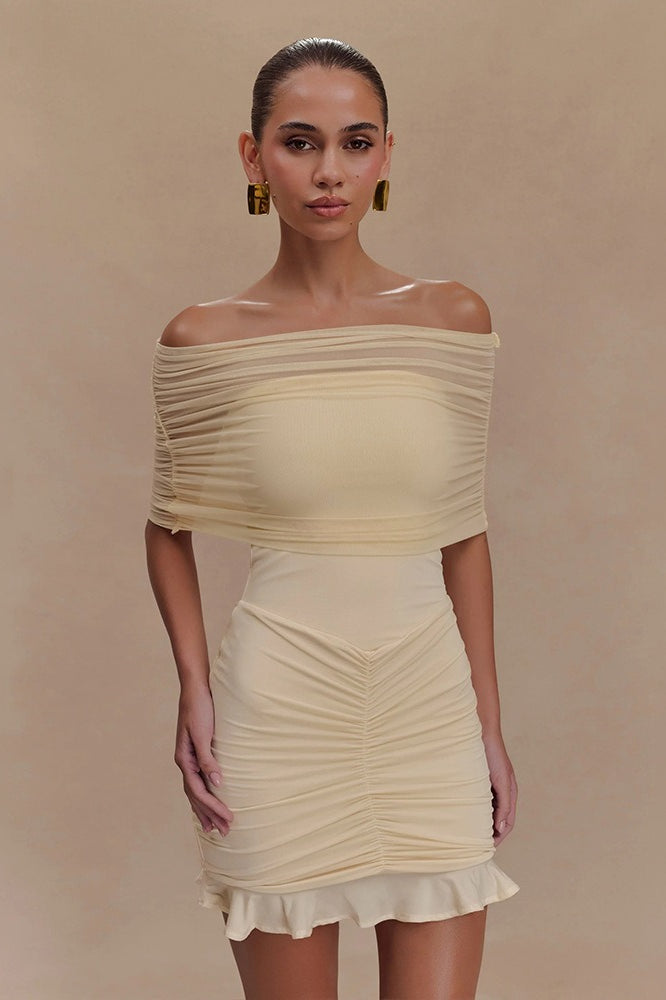 Foldover Off-Shoulder Ruched Bodycon Mini Dress
