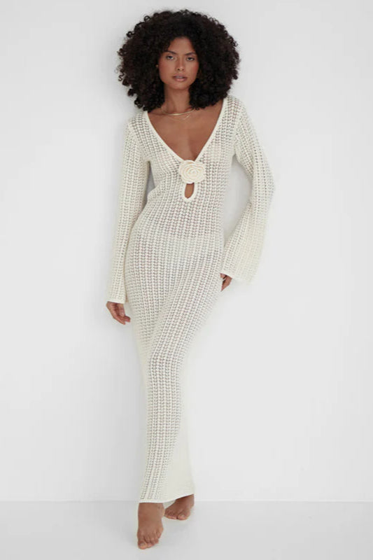 V Neck Backless Knit Beach Maxi Dress