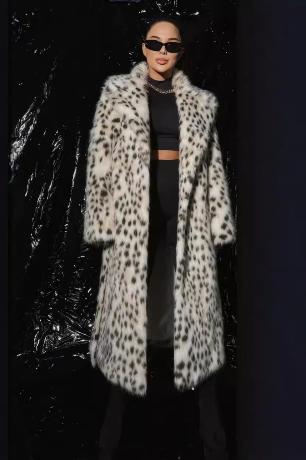 Leopard Faux Fox Fur Notched Lapel Belted Long Overcoat - Fashionpara
