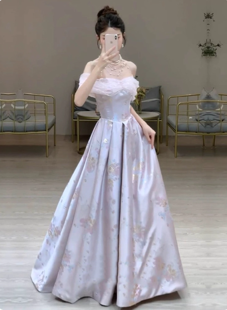 Dreamy Lavender Gray Pink A-Line Off-the-Shoulder Printed Satin Long Prom Dress Evening Dress P4370