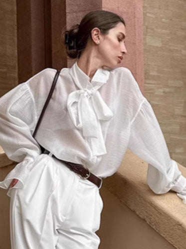 White Tencel Loose Bow Tie Bell Sleeve Blouse