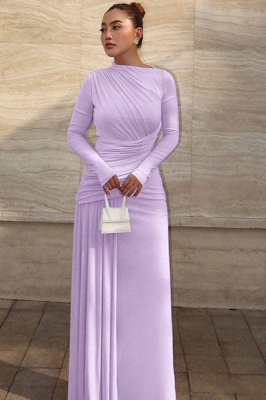 High Neck Long Sleeve Ruched Column Maxi Dress