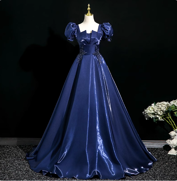 Palace Vintage Navy Blue Puffed Sleeve Embroidered Satin Long Prom Dress Evening Dress P4371