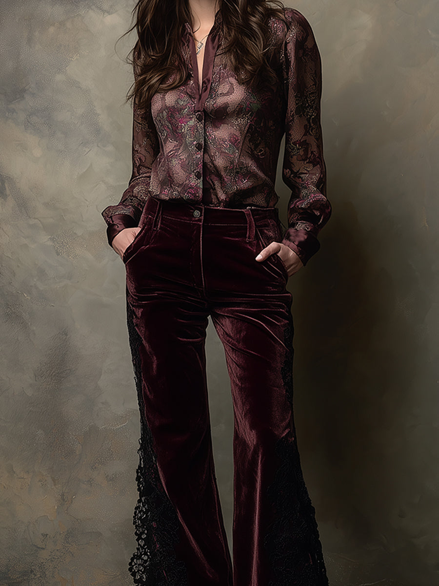 Retro Printed Satin Front Seam Patchwork Blouse - Fashionpara