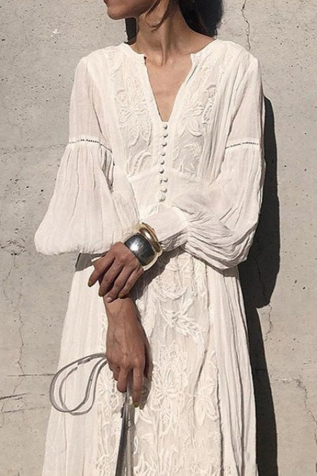 Vintage Lace Panel V-Neck Embroidered Boho Dress - Fashionpara