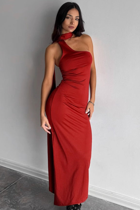 Red Halter Neck Bodycon Maxi Dress