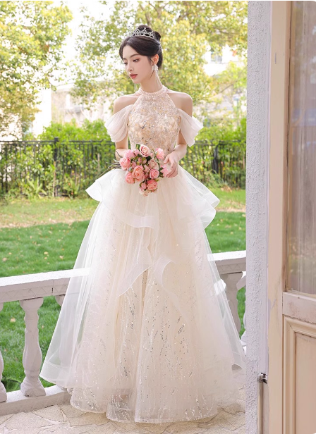 Princess A-Line Halter Neck Sequin Embroidered Tiered Tulle Long Prom Dress Evening Dress P4372