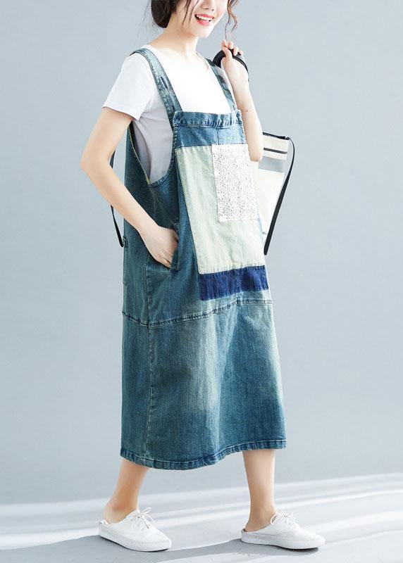 Denim Lace Patchwork Bib Strap Pinafore Midi Dress - View 3