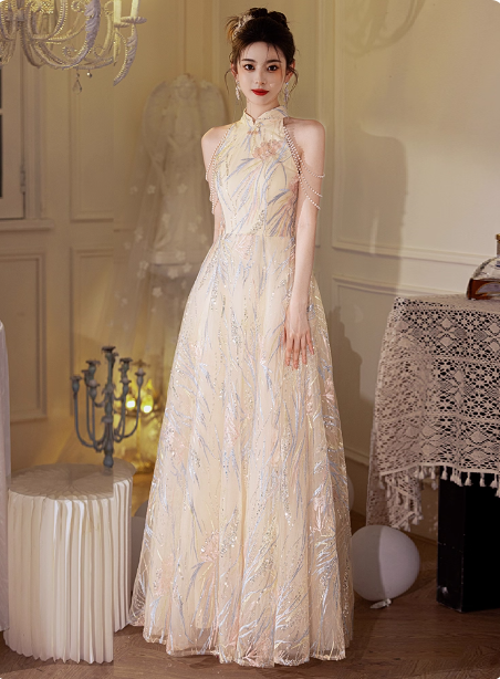Elegant Cream Apricot A-Line Halter Neck Sequin Embroidered Pearl Fringe Tulle Long Prom Dress Evening Dress P4373