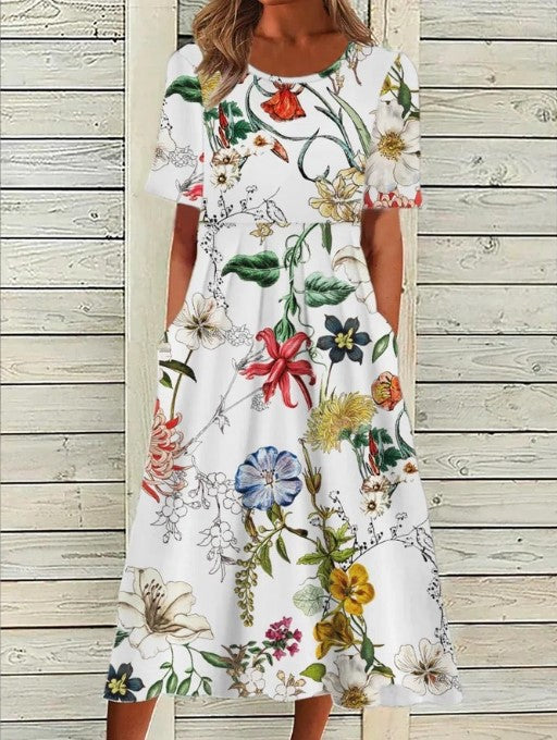Floral Round Neck Short Sleeve Fit and Flare Midi Dress 9