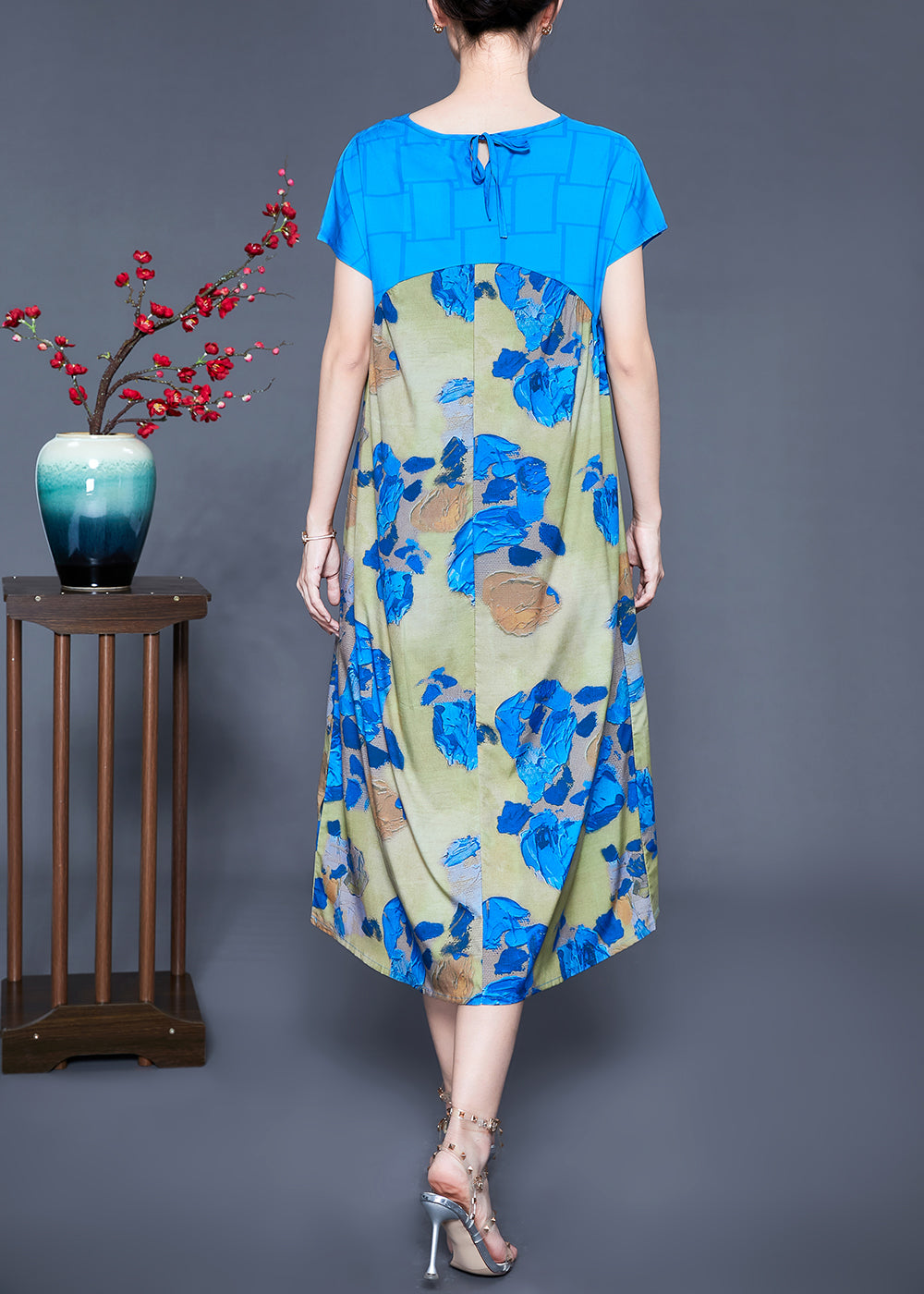Floral Print Patchwork V-Neck Flutter Sleeve Midi Dress - View 5