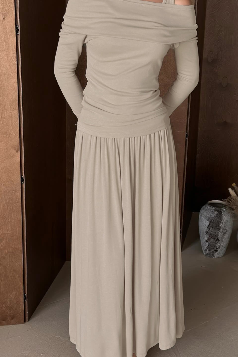 Off Shoulder Long Sleeve Drop Waist Pleated Maxi Dress