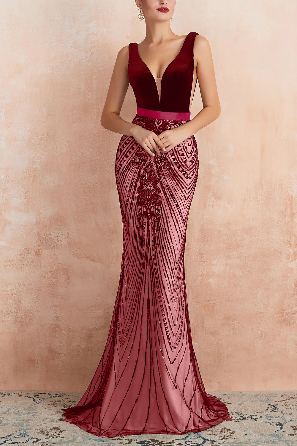 Glitter Mermaid V Neck Sequins Black Backless Long Prom Dress - Fashionpara