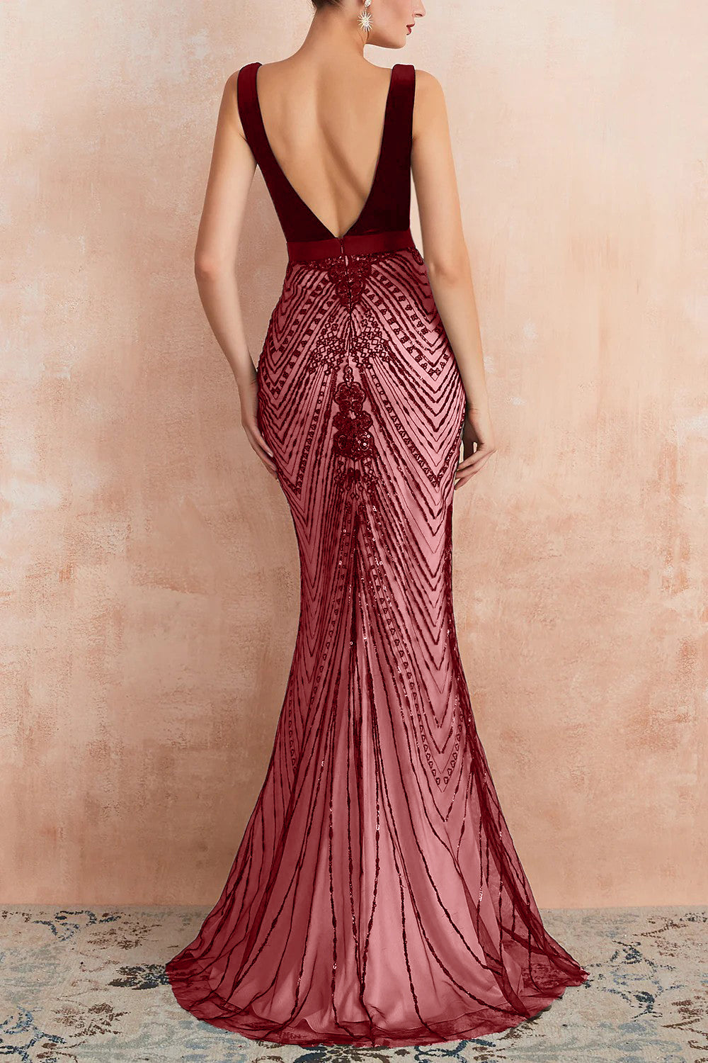 Glitter Mermaid V Neck Sequins Black Backless Long Prom Dress - Fashionpara