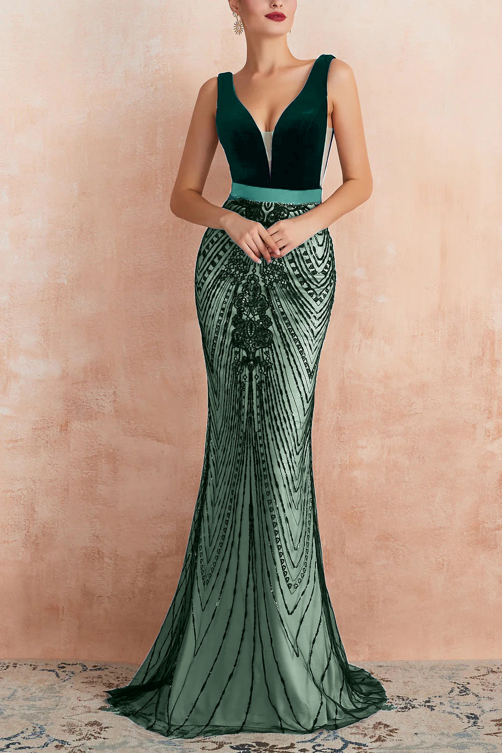 Glitter Mermaid V Neck Sequins Black Backless Long Prom Dress - Fashionpara