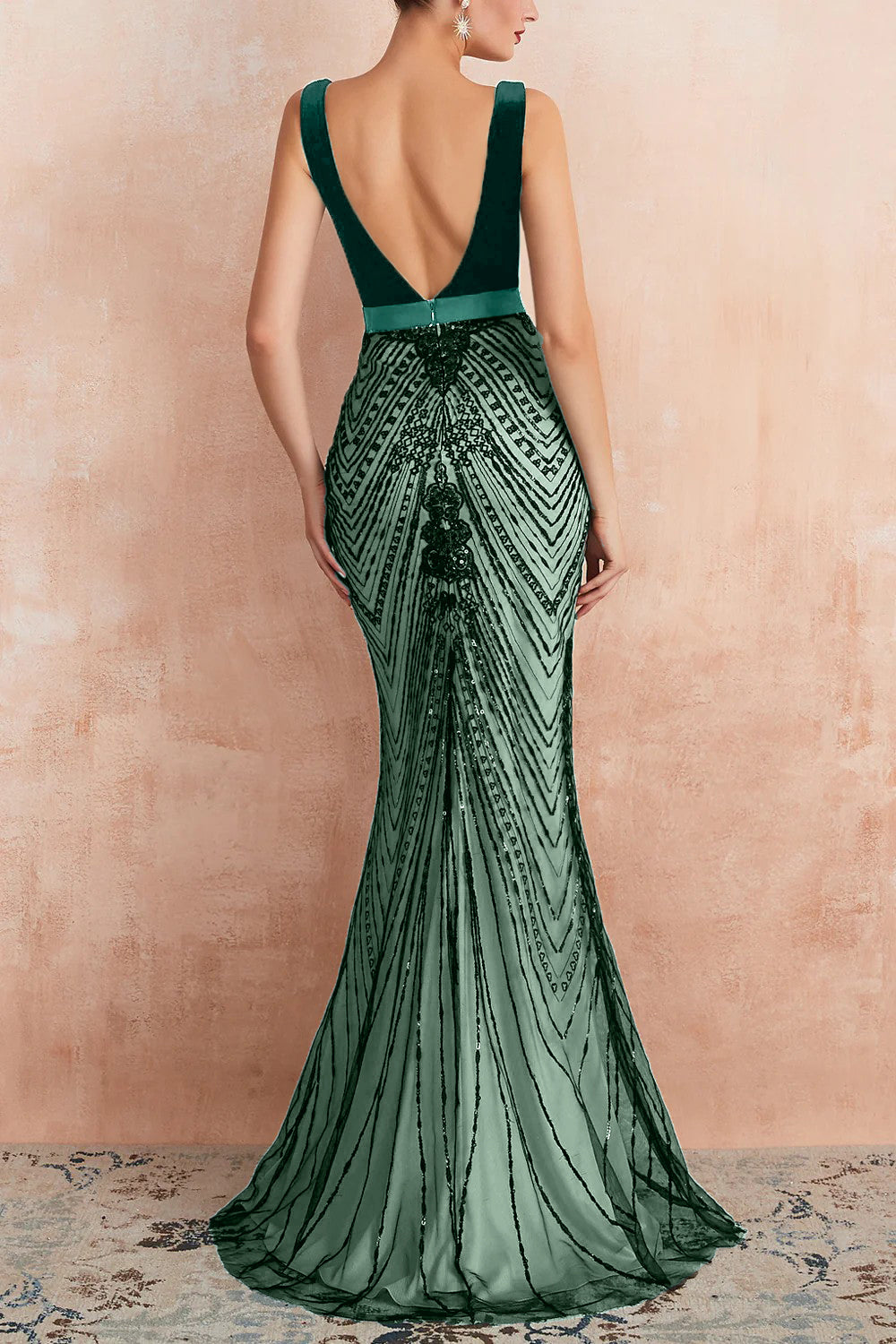 Glitter Mermaid V Neck Sequins Black Backless Long Prom Dress - Fashionpara