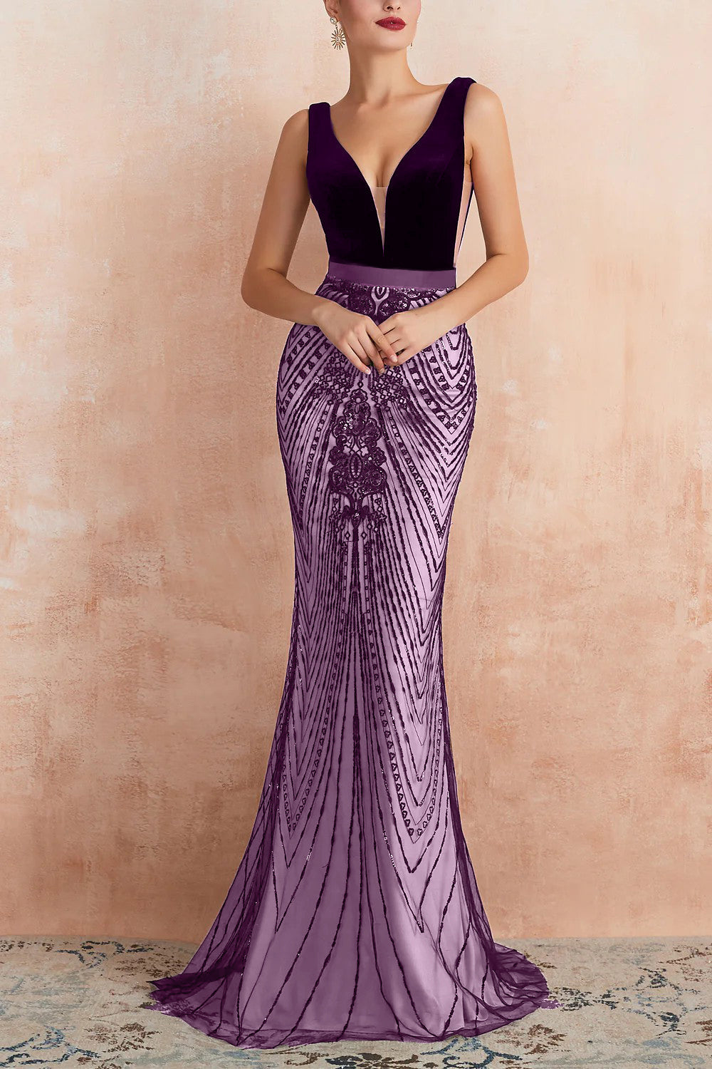 Glitter Mermaid V Neck Sequins Black Backless Long Prom Dress - Fashionpara