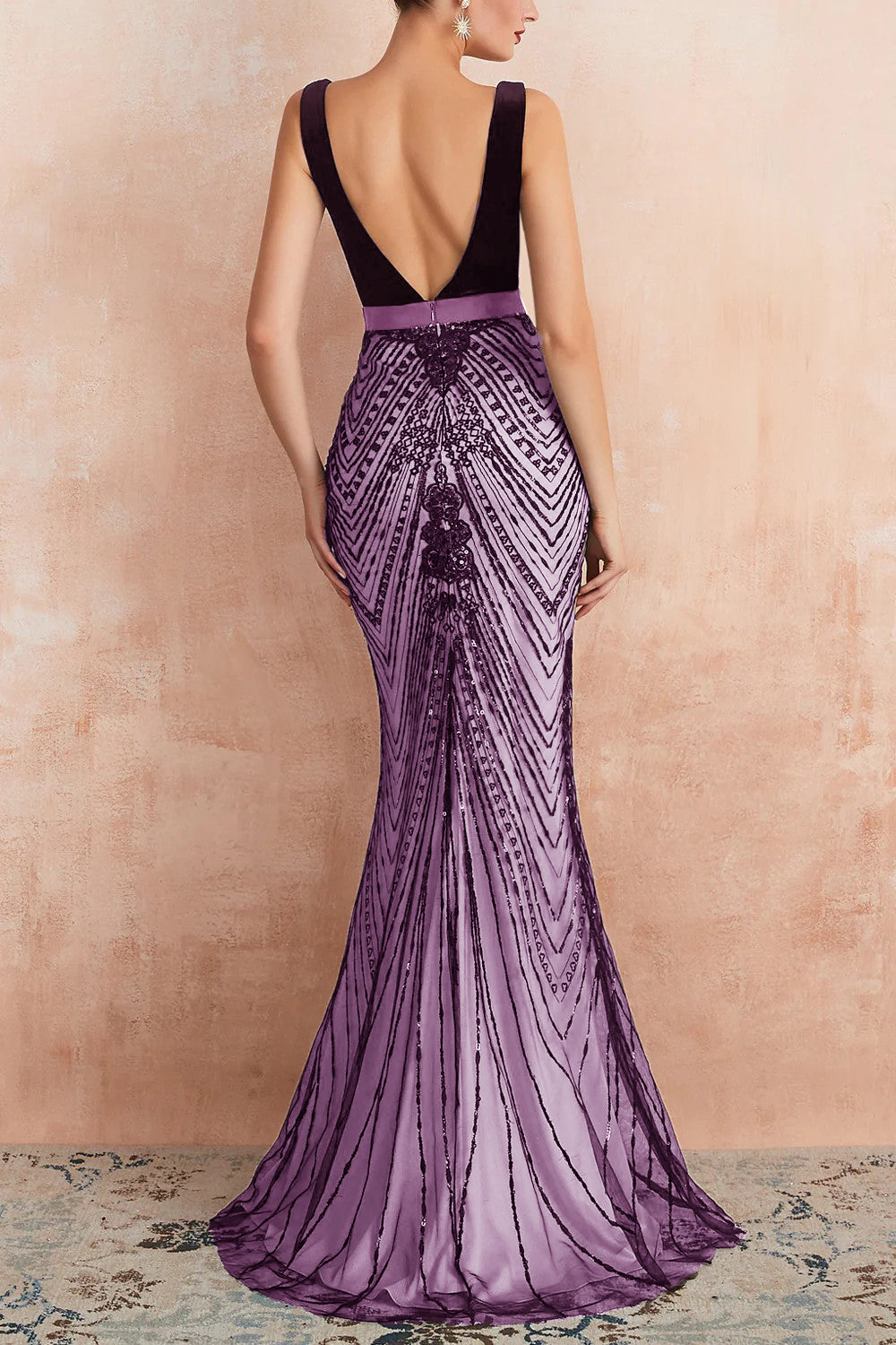 Glitter Mermaid V Neck Sequins Black Backless Long Prom Dress - Fashionpara