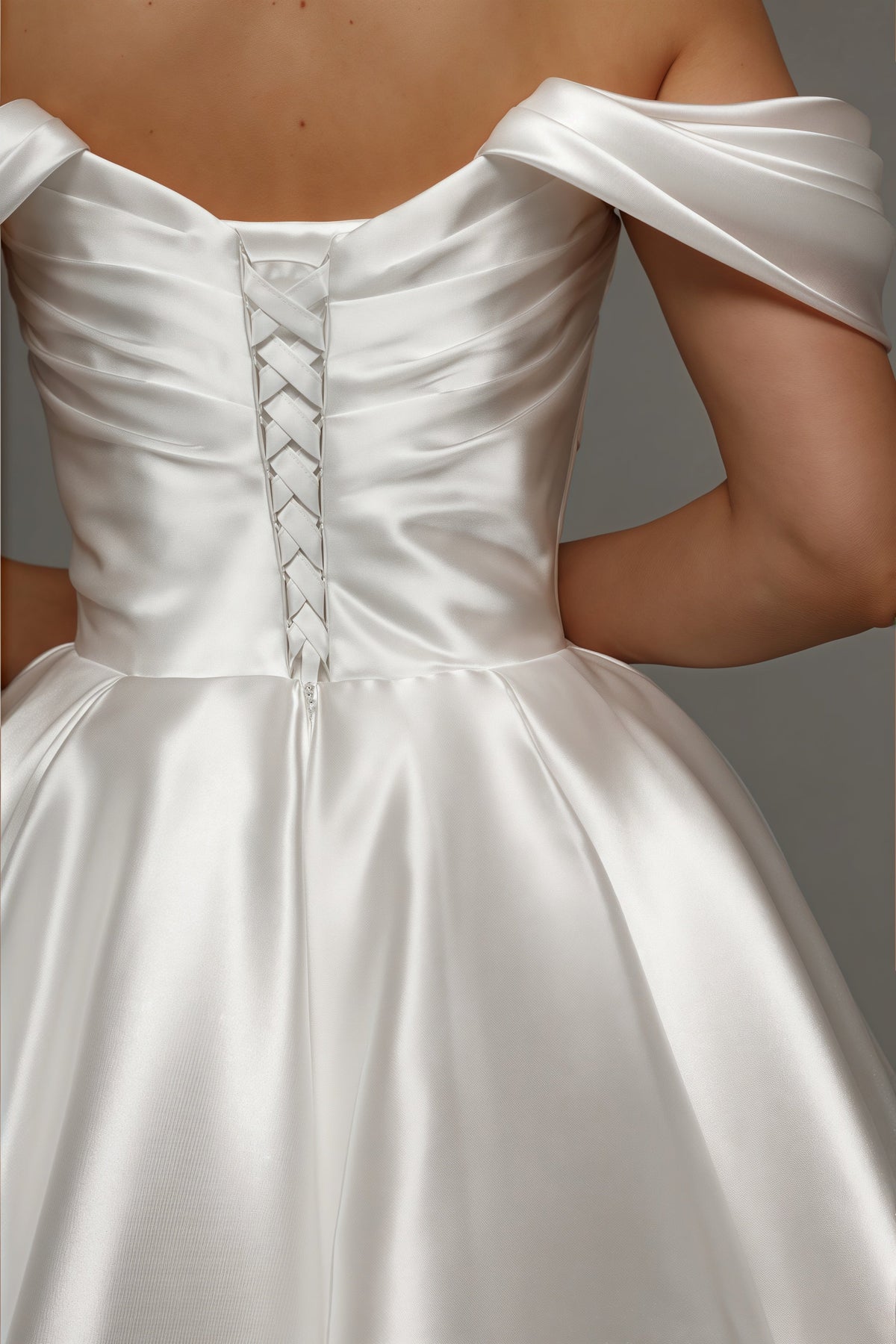 Satin Off Shoulder Ruched Bodice Tea Length A-Line Wedding Gown - View 5