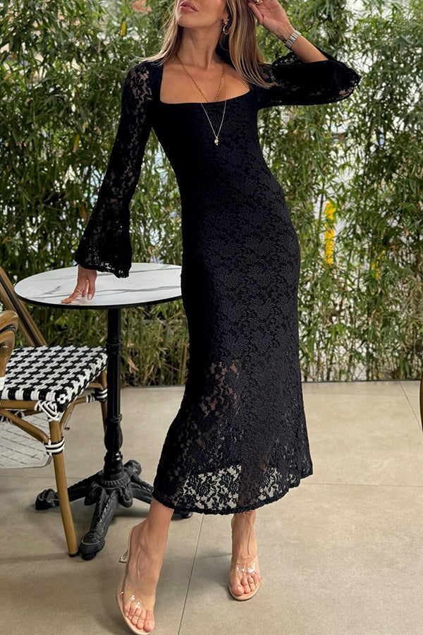 Luxe Lifestyle Lace Square Neck Bell Sleeve Lined Slit Midi Dress - Fashionpara