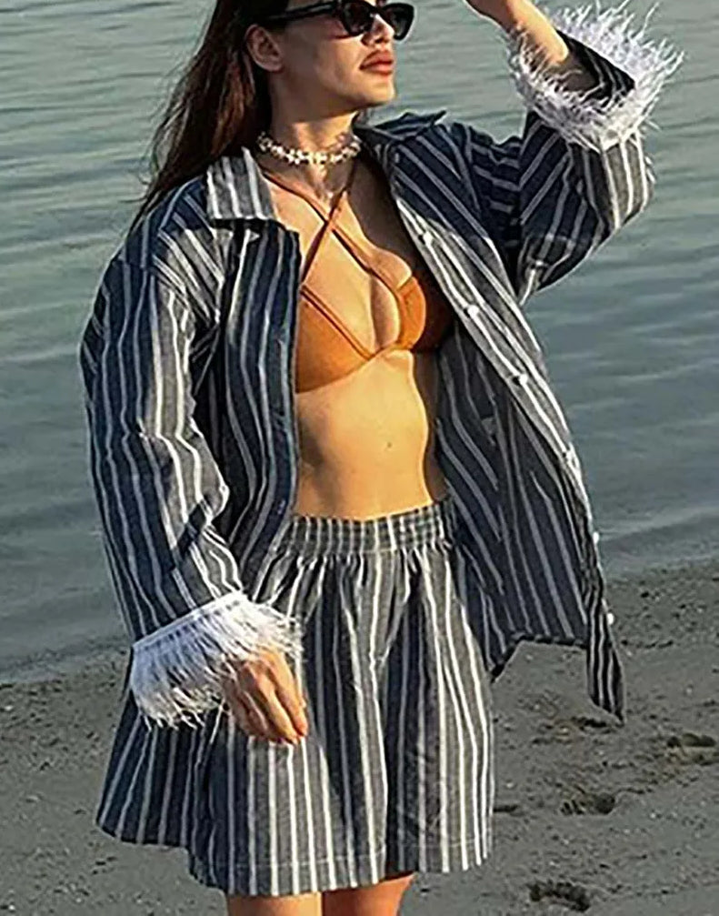 Grey Print Feathers Button Shorts Office Two Piece Set