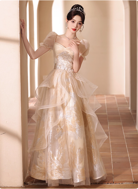 Princess Champagne Gold A-Line Embroidered Tulle Long Prom Dress Evening Dress P4374