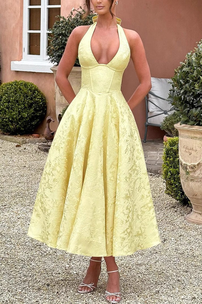 Elegant V Neck Halter Jacquard Sleeveless Backless Formal Dress