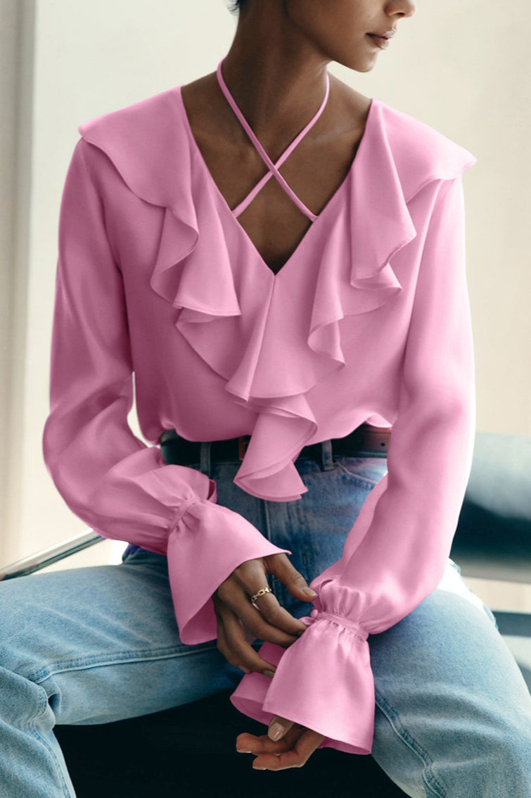 Ruffle Trim V Neck Blouse