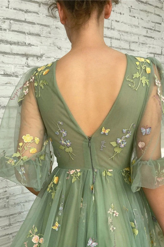 Floral Embroidered V-Neck Puff Sleeve A-Line Gown