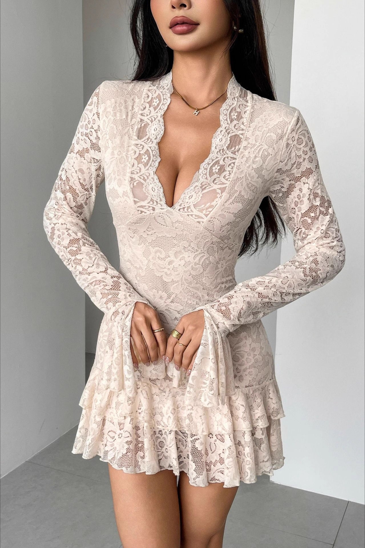 Lace V-Neck Double Ruffle Fitted Mini Dress