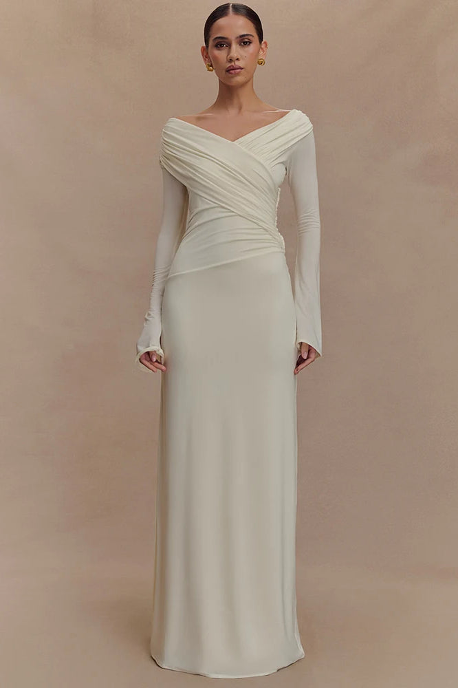 V Neck Long Sleeve Ruched High Waist Maxi Dress