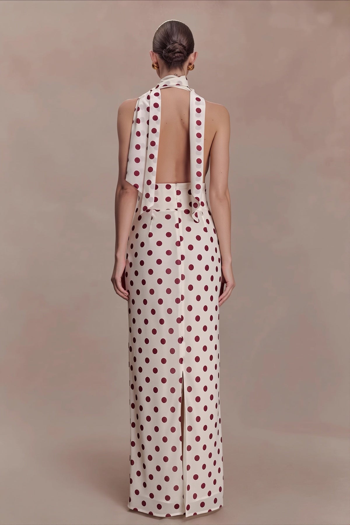 Polka Dot Satin Halter Deep V Backless Gown