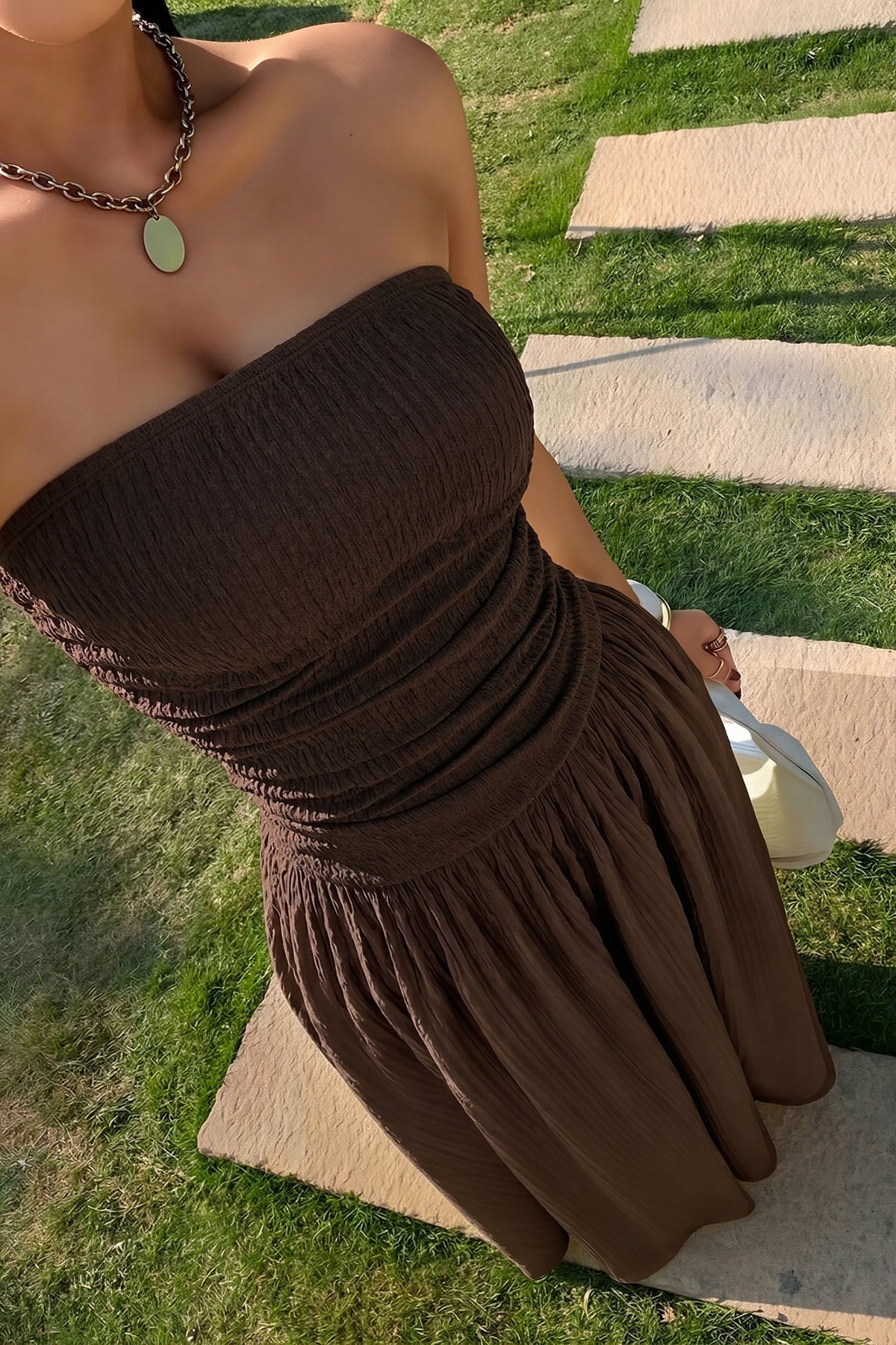 Strapless Ruched Drop Waist A-Line Maxi Dress