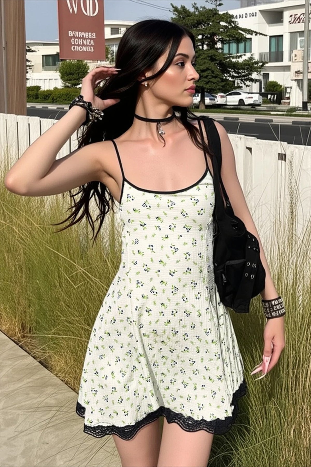 Ditsy Floral Lace Trim Hem Spaghetti Strap Fit and Flare Mini Dress 2